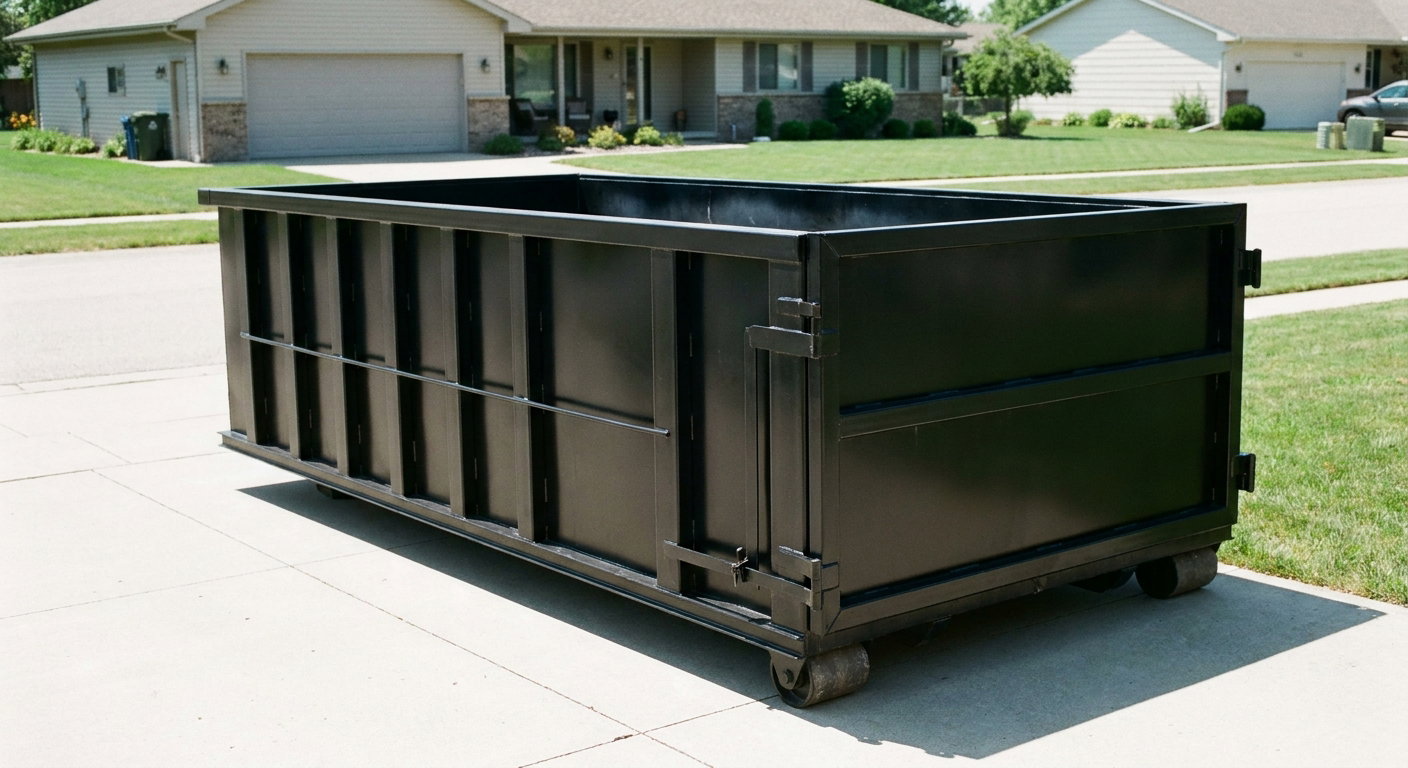 Matte-black 10-yard roll-off dumpster on a residential concrete driveway in Palmdale, uniformly painted matte black across every panel and rail, ribbed steel sidewalls and rear swing door visible, mid-day daylight.