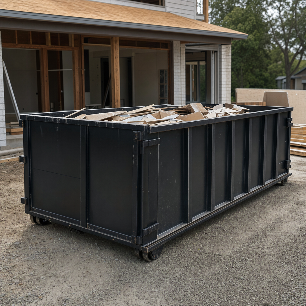 Large matte-black 30-yard construction roll-off dumpster at an active Palmdale jobsite, steel-gray top rails and bottom rollers visible, loaded with construction debris.