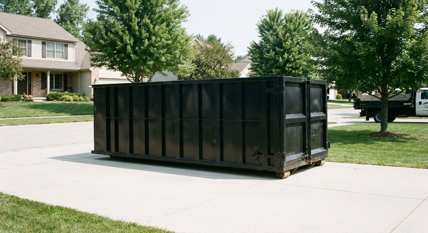 Matte-black 20-yard roll-off dumpster sitting level on a clean Palmdale residential concrete driveway under bright daylight, demonstrating clean placement directly on the concrete.