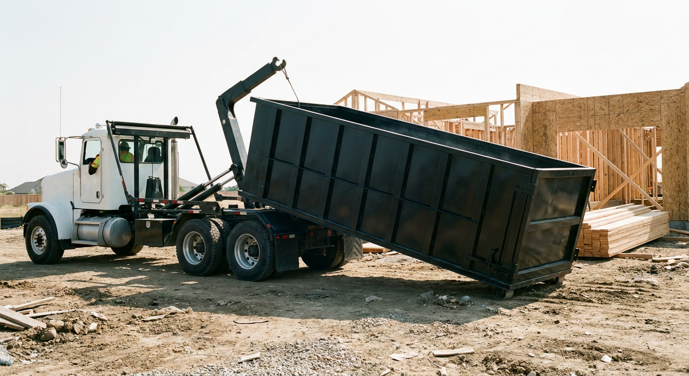 Matte-black roll-off dumpster being delivered onto a clean residential concrete driveway in Palmdale by an unmarked white hooklift hauler truck, bright morning daylight, documentary 35mm perspective.